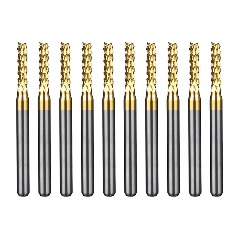 WEXWE Tools 10Pcs 2.4mm TiN Coating Solid Carbide End Mill Engraving Milling Cutter CNC Router Bits for PCB Machine, 1/8" Shank 1BOX - Image 1